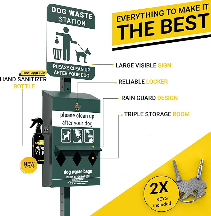 Mini Pet Waste Station - Includes 600 Dog Poop Bags - Original Glow in the Dark Dog Waste Station and Dog Poop Sign, Triple Storage Dog Poop Bag Dispenser with Hand Sanitizer Bottle