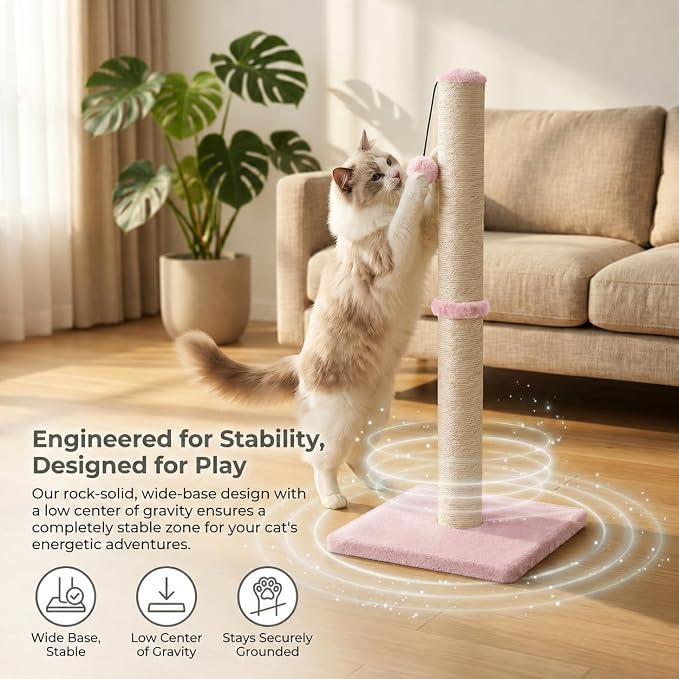 Dimaka Tall Cat Scratching Post, Claw Scratcher with Sisal Rope and Covered with Soft Smooth Plush, Vertical Scratch [Full Strectch] for Standard Size Cats (Pink, 34 inches for Large Cats)
