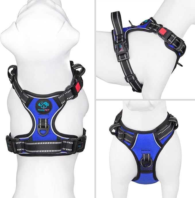 No Pull Dog Harness Medium Reflective Front Clip Vest with Handle | Adjustable 2 Metal Rings 3 Buckles,[Easy to Put on & Take Off](L, Royal Blue)