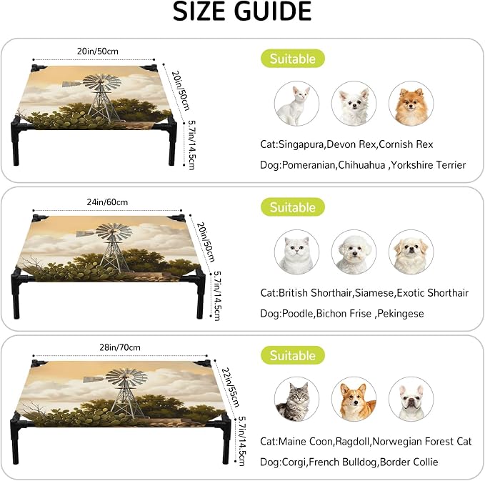 Outdoor Elevated Dog Bed for Large Dogs, Windmill Breathable Cooling Raised Dog Cot for Indoor/Outdoor, Sunset Horizon Farmhouse Trees Waterproof Elevated Pet Beds, L 28 x 22 in