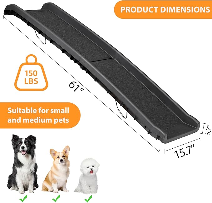 62 Inches Folding Dog Ramp for Cars Trucks SUVs Portable Pet Ramps for Large Dogs Non-Slip Stairs Step Ladder with Raised Siderails, Black