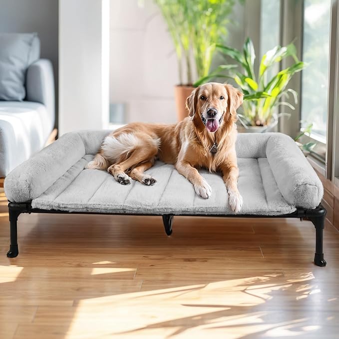 Veehoo Elevated Dog Beds Large Sized Dog with Fluffy Plush Bolster Cushion | Orthopedic Raised Dog Beds for Indoor Outdoor, Soft Pet Sofa Cot with Removable Washable Mat, No-Slip Feet, 49" x 33", Grey