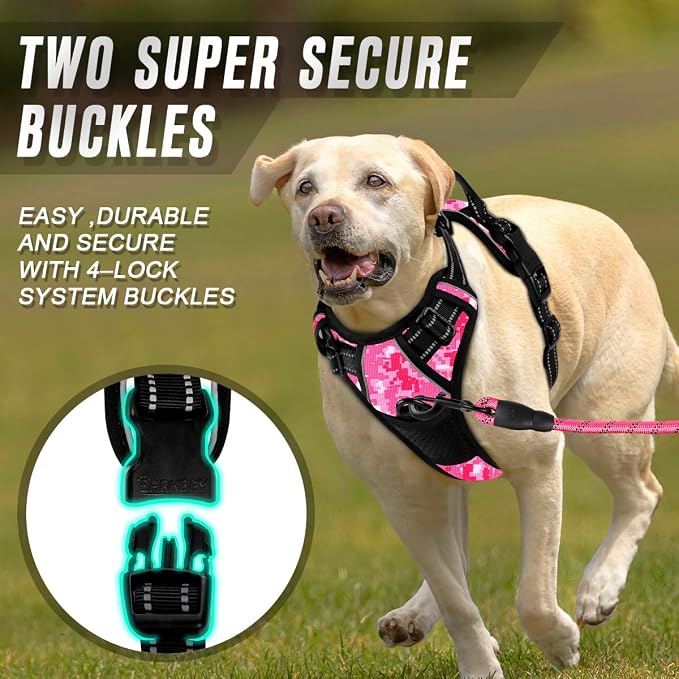 BARKBAY Dog Harness No Pull for Large Dogs Front Back Clips,Dog Vest | Soft Padded No Choke With Handle,Easy On&Off,Adjustable Reflective For Walking Training Running(Pink Camo,L)