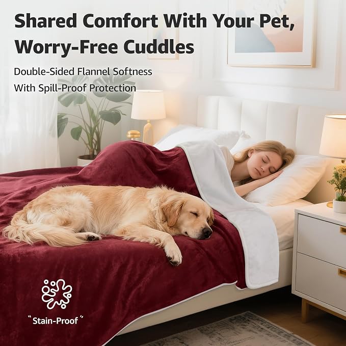 LOOBANI Waterproof Blanket for Bed, Soft Flannel Twin Bed Blanket 60" x 80" | Dog Pet Blankets for Large Dogs, Reversible Spill-Proof Throw for Couch Cover, Movie Time, Camping, Travel, Noise Free, Red