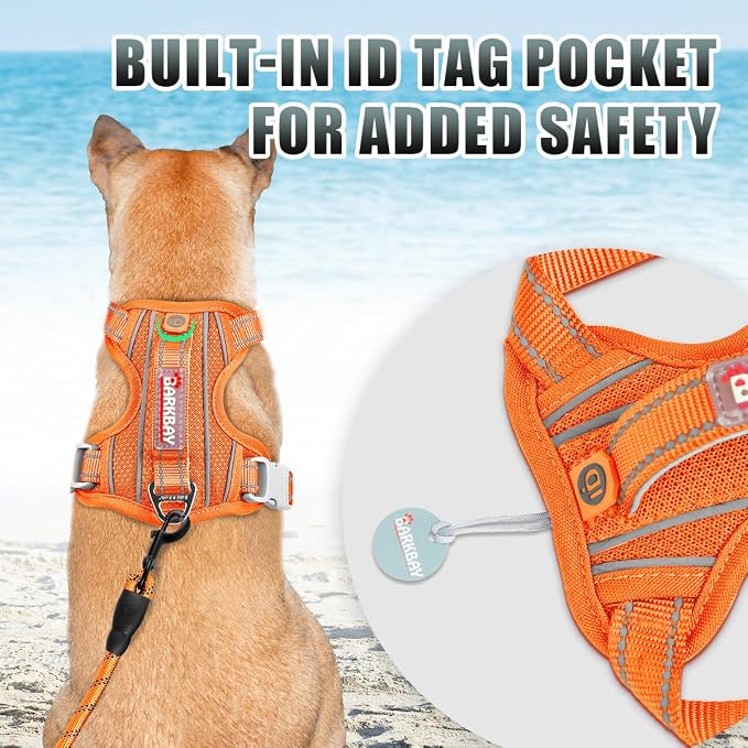 BARKBAY No Pull Dog Harness Large Reflective Dog Harness with Front Clip and Easy Control Handle for Walking Training Running with ID tag Pocket(Orange,S)