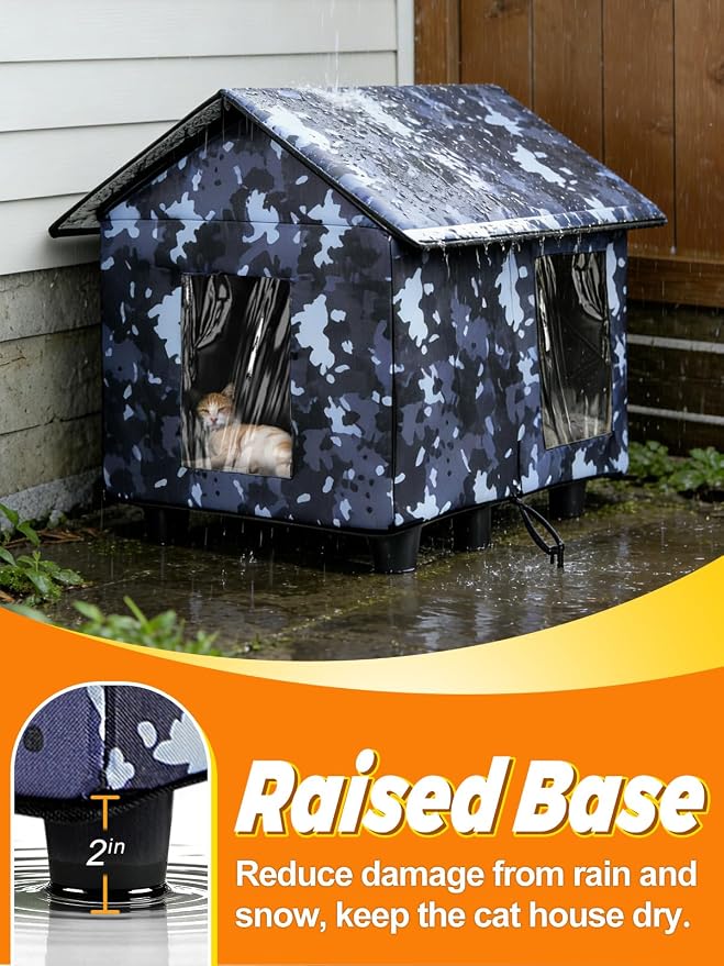 Elevated Insulated Outdoor Cat House Weatherproof - 20"x19"x17" Waterproof PVC Top & Aluminum Film Liner Camouflage Feral Cat Shelters for Keeping Cats Winter Warm, Gray