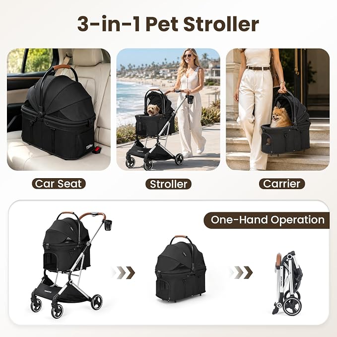 T3 Pro Small Dog Stroller (Black) | Detachable Carrier, Change Linner, Larger Rear Wheel, Aluminum Alloy Frame, Easy Assembly, Easy to Store