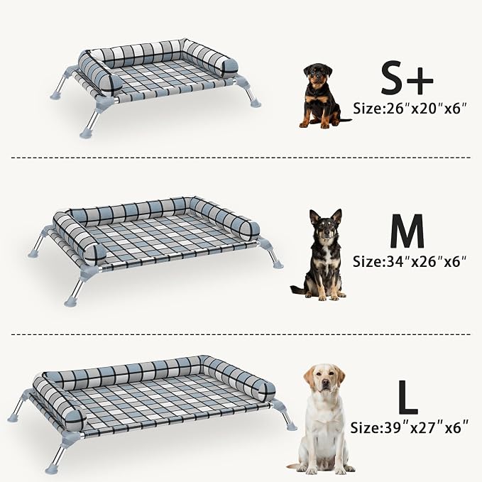 Elevated Dog Bed with Bolster,Portable Raised Lifted Pillow Pet Cot Beds | Breathable Fabric Dogs Hammock Bed for Indoor & Outdoor, Stainless Steel Frame, Anti-Slip Feet