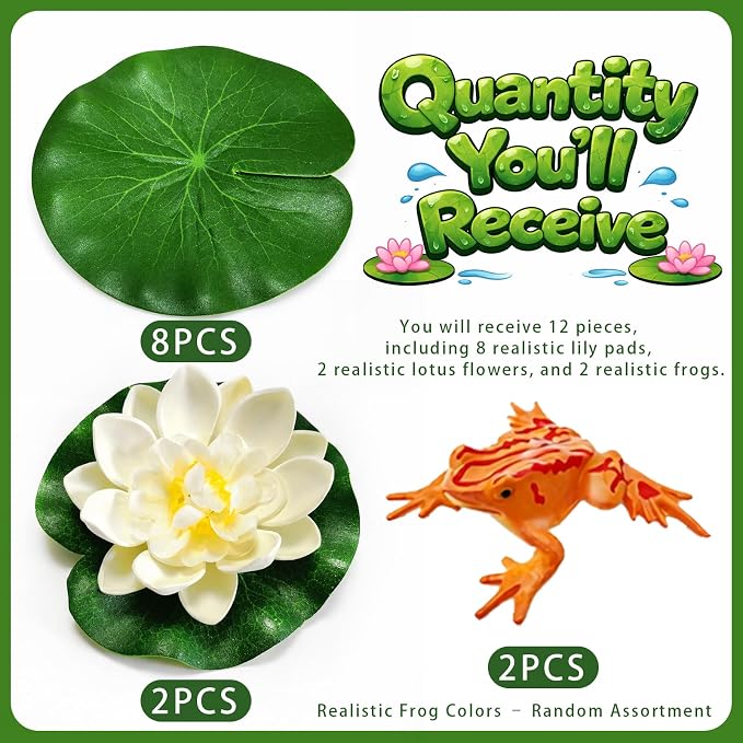 12PCS Artificial Floating Lily Pads Set, 8 Realistic Lily Pads, 2 Lotus Flowers & 2 Floating Frogs, Pond Pool Fountain Water Feature Decorations