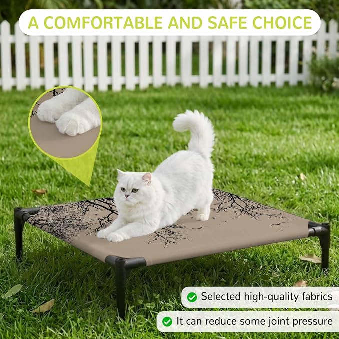Outdoor Elevated Dog Bed for Small Dogs, Brown Black Branches Breathable Cooling Raised Dog Cot for Indoor/Outdoor, Botanical Dead Tree Birds Waterproof Elevated Pet Beds, S 20 x 20 in