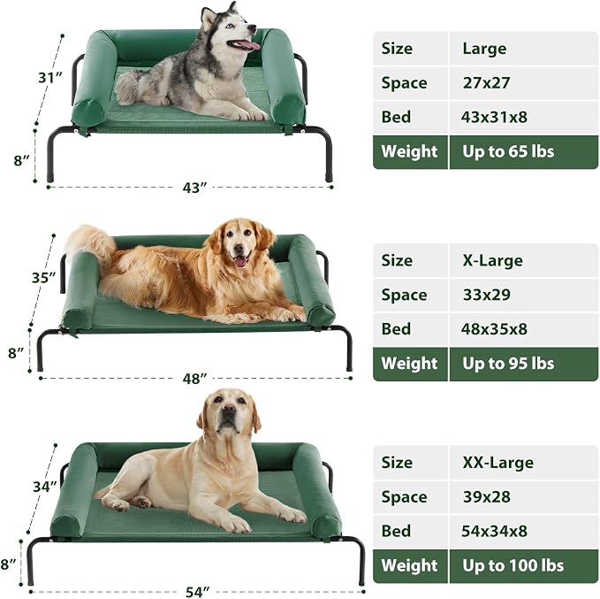 Cooling Elevated Dog Bed for Large Dogs – Waterproof Raised Dog Cot with Slope Headrest, Breathable Teslin Mesh, Durable & Portable Pet Bed for Indoor and Outdoor Use, Green