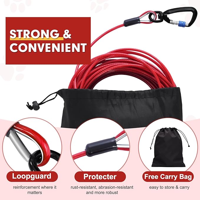 Snagle Paw Dog Leads for Yard 70FT-1000LBS Break Strength,Heavy Duty Tie Out Cable for Dogs with Swivel Lockable Hook & Spring,Chew Proof Dog Chain for Outside,Dog Run Cable for Medium Large Dogs