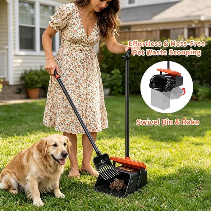 Pooper Scooper, 46" Long Handle Heavy Duty Picker-Upper, Swivel Bin Rake Kit with Bag Attachment, 100 Waste Bags for Small Large Dogs Puppy Poop Trash Litter Cleanup Yard Outdoor Pet Essentials