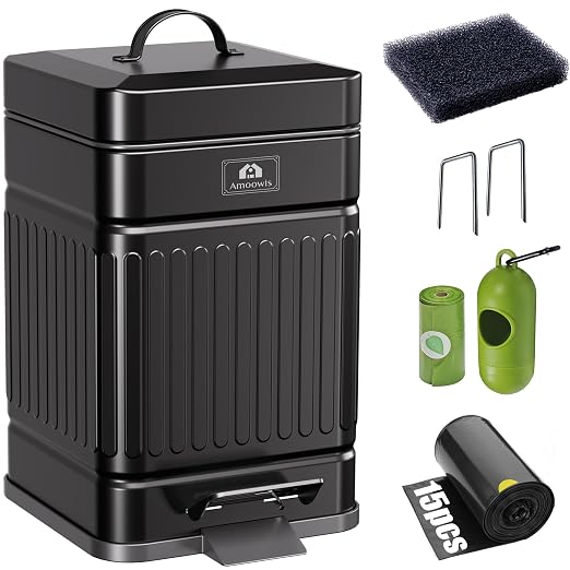 Metal Dog Poop Trash Can Outside, Odor Control & Waterproof, 1.3Gal | Pet Waste Garbage Can with Lid & Foot Pedal - Includes 30 Bags, a Bag Holder, and Lawn Stakes for Outdoor Security
