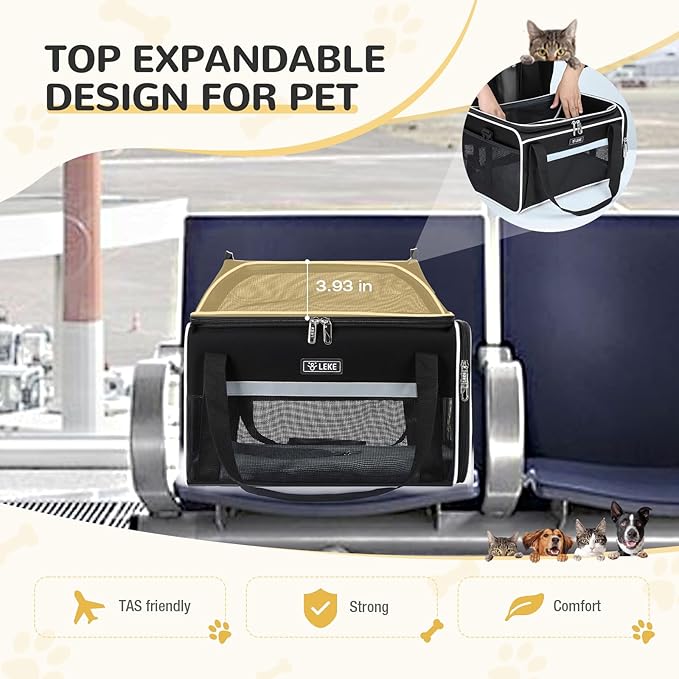 Lekereise Top-Expandable Pet Carrier 18x13x9.5 Inch Southwest Frontier Airline Approved Soft Sided Underseat to 15lbs Travel Carriers for Small Cats Dogs with Locking Safety Zippers Anti-Scratch Mesh