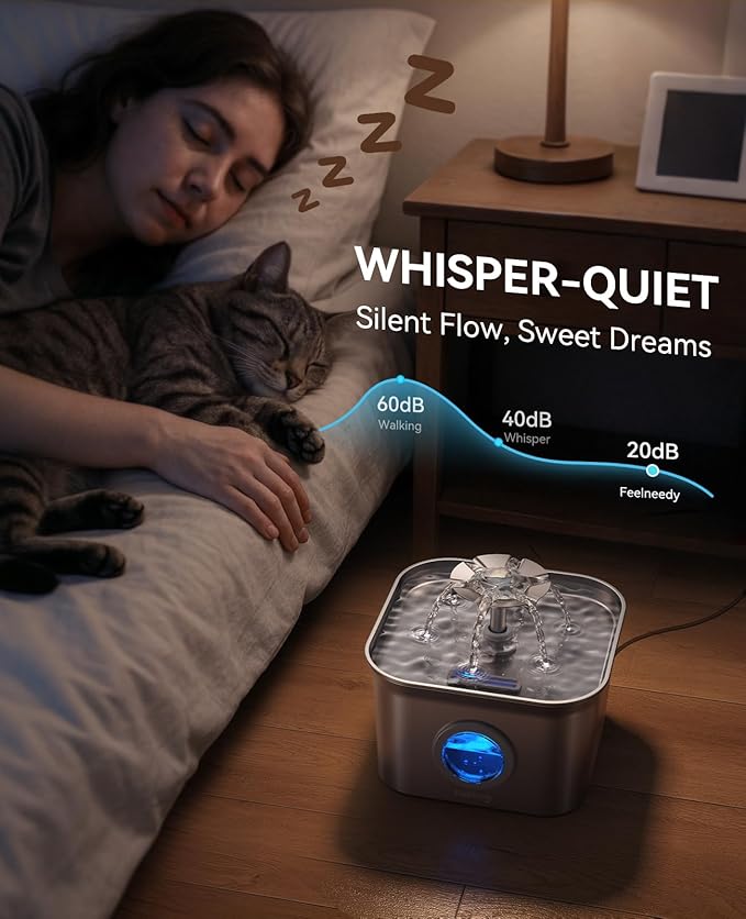Stainless Steel Cat Water Fountain, 99oz/2.8L Auto Pet Drinking Fountain with 20dB Ultra-Quiet Pump- Ideal for Timid Pets, LED Water Level Window, Dishwasher Safe, 24/7 Circulating Flow - FEELNEEDY