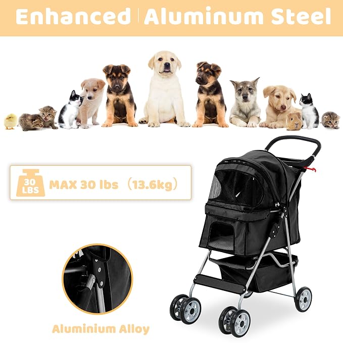 Pet Stroller for Small Medium Dogs & Cats, 4-Wheel Breathable Compact Foldable Dog Carrier with Storage Basket, Outdoor Portable Lightweight Travel Stroller for Camping,Black