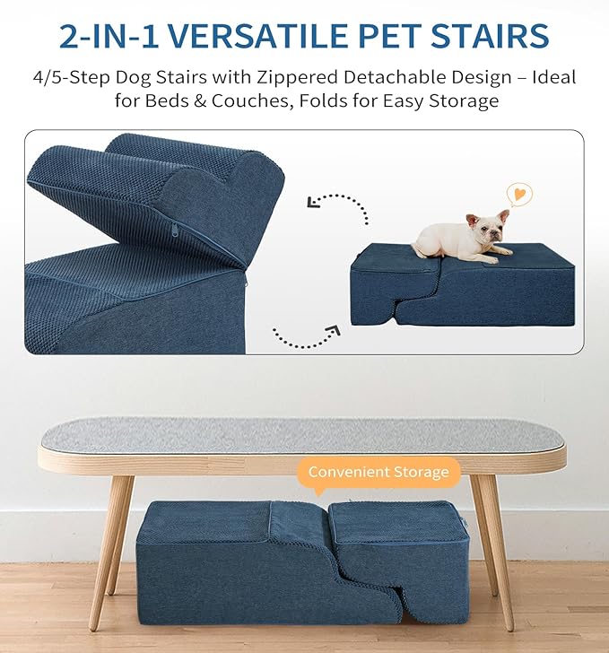 Made4Pets Dog Stairs Ramp for Small Dogs 15.7" H, 3-Step Dog Steps for Bed Couch Sofa and Chair, 35D Foam Pet Steps for Small Dogs and Cats, Non-Slip Bottom Pet Stairs, Navy