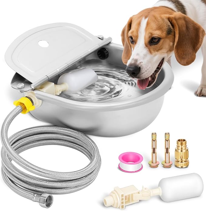 Automatic Animal Drinking Water Bowl with Float Valve, Extended Pipe,3L Stainless Steel Waterer Feeder Farm Dog Dispenser Kit Self Filling for Livestock Horse Goat Water Trough