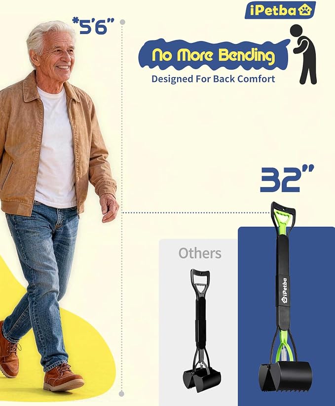 Large Dog Pooper Scooper for Yard, 32 inch Long Handle, No Bending | Save Back, Heavy Duty, Powerful Jaw Grip, One-Hand Operation, Mess-Free Pickup for Grass Gravel Concrete, Easy to Rinse
