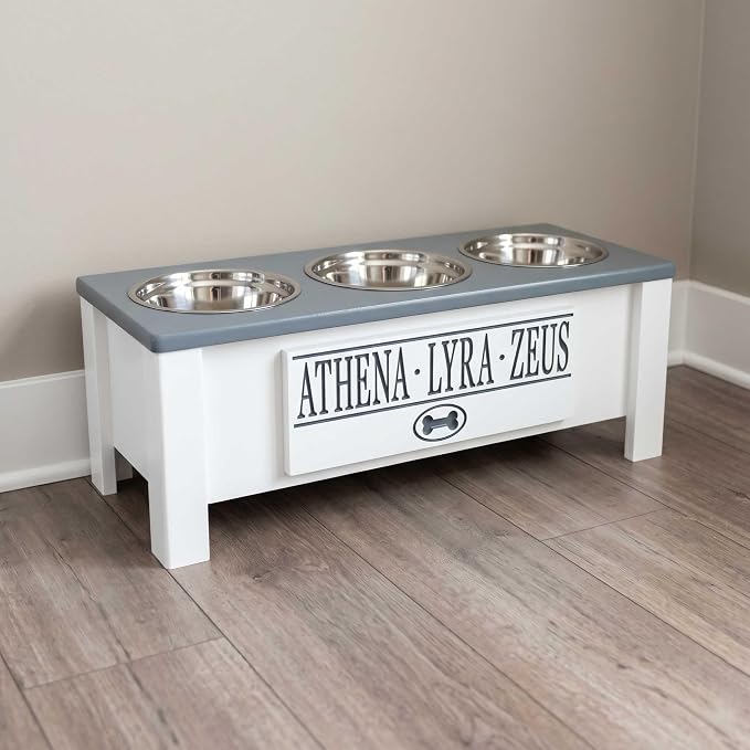 3 Bowl Dog Feeding Station, Personalized Triple Bowl Food Stand Medium Dogs | Farmhouse Style, Elevated Wood Stand, Storage Container, Stainless Steel Bowls, Raised Anti-Slip Feeder, Made in USA
