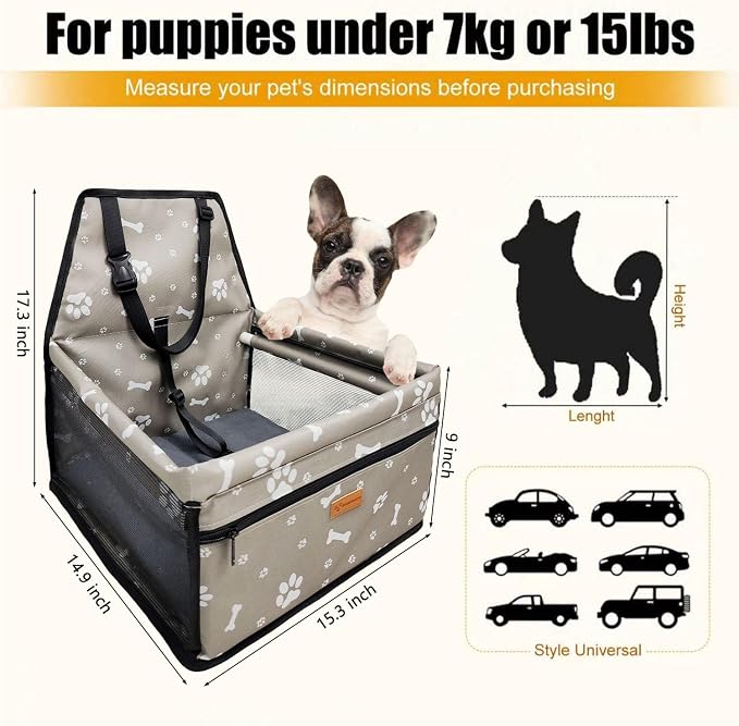 Pet Dog Booster Seat, Upgrading the Framed wall to Prevent Collapse，Breathable and Foldable Pet Car Basket，Removable andWashable pet car seat (Grey Footprints)