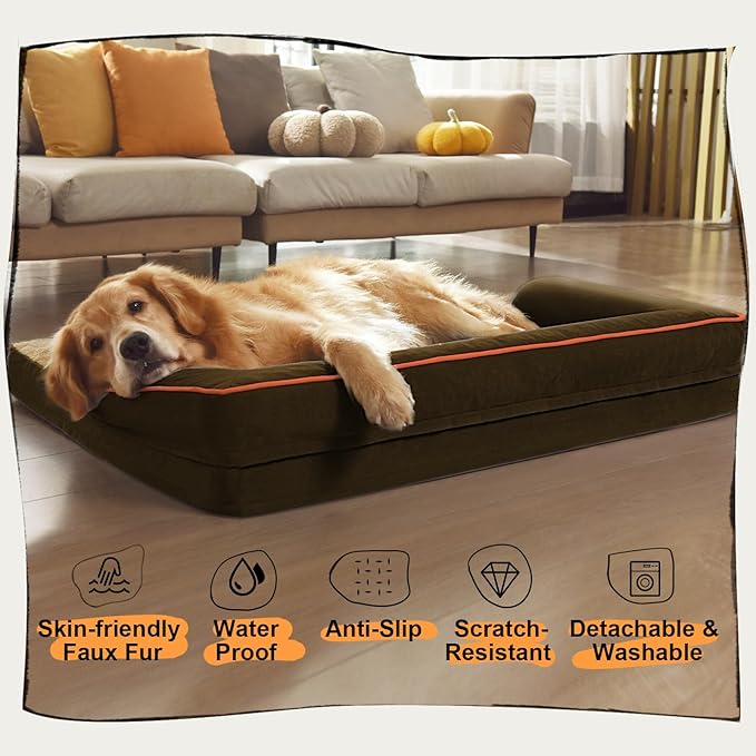 Orthopedic Waterproof Dog Bed with Bolster for Extra Large Size Dogs | Pillow Support for Neck Relief, Egg Crate Foam, Waterproof Liner, Anti-Slip Bottom, Removable Bolster Cover, 48 x 33 Inch