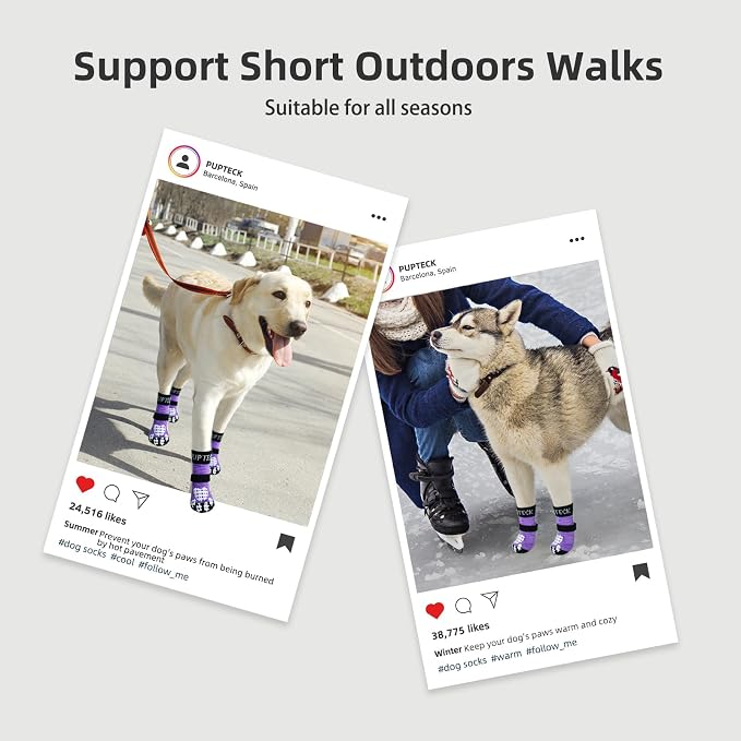 PUPTECK Anti-Slip Dog Socks with Double Sides Grips for Small Medium Large Dogs Hardwood Floors Prevents Licking, Dog Shoes for Hot Pavement Traction Control Paw Protector for Senior Dogs