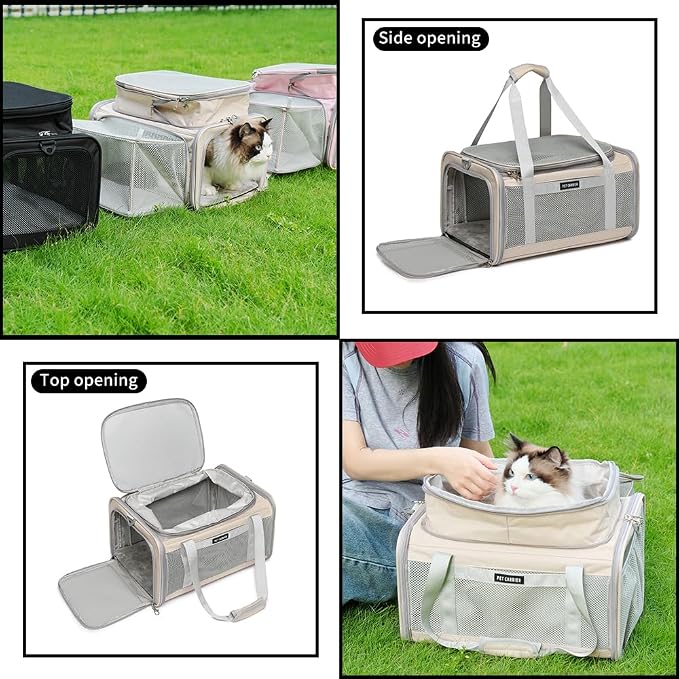 Airline Approved Pet Carrier for Cats and Small Dogs up to 15 lbs, Breathable Mesh, Portable Travel Bag for Bearded Dragon, Puppies Animal Hangbag, Rabbit Cage (Khaki, Expandable)