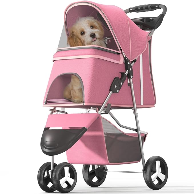 OS MOTOR 3 Wheels Pet Stroller for Small Medium Pets, Pink | Foldable Carrier Jogger, Rear Wheel Breaks, Storage Basket, Visible Mesh Weather Cover, Portable, Dog, Cat, Puppy, Kitty