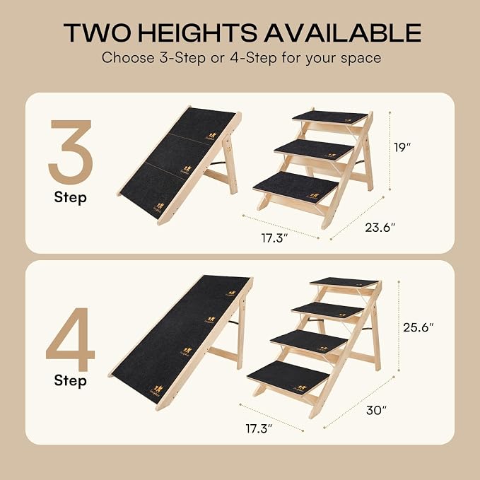 Luciphia Wooden 2-in-1 Dog Stairs, 4-Step Foldable Anti-Slip Pet Steps | For beds, cars, and couch, supports up to 220lbs, ideal for small, aged, and injured dogs and cats, indoor and outdoor use
