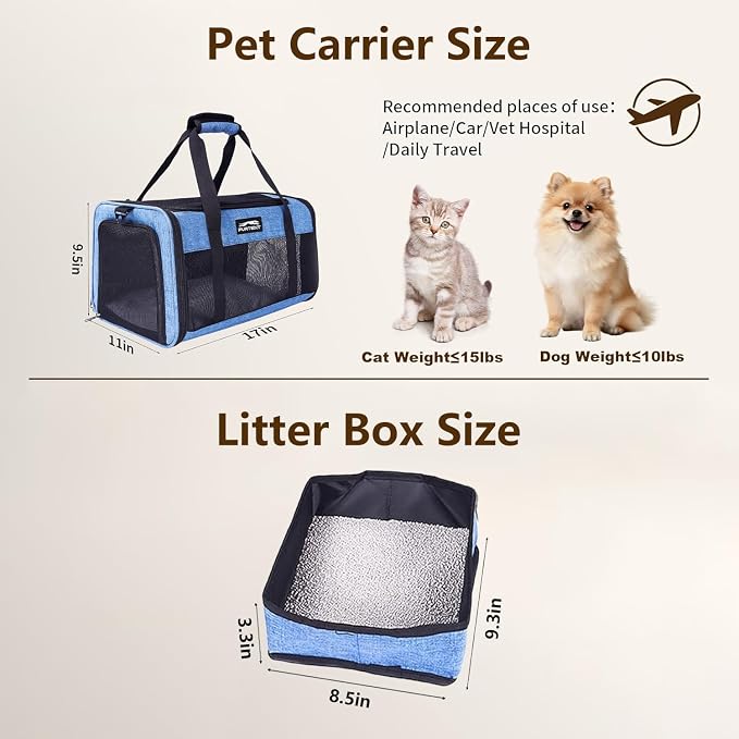 Pet Carrier Airline Approved, Soft Sided Cat Carrier for Small Pets up to 13 lbs, TSA Approved Dog Travel Bag, Portable Soft Sided Pet Carrier for Kittens and Puppies (Blue, Travel Litter Box)