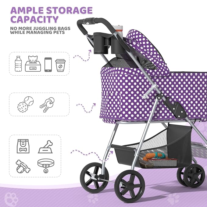 Magshion Foldable Pet Stroller, 3-in-1 Dog Travel Jogger with Detachable Carrier, Cup Holder, Storage Basket, Folding Carrier for Small/Medium Dogs & Cats Up to 33 lbs, Purple Polka Dots