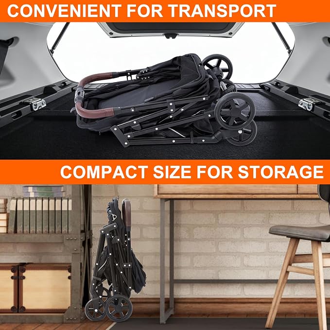 No-Zip Pet Stroller for Small Dogs & Cats, 44 lb, Black | No-Zip Canopy, 44 lb Capacity, Reflective Trim, 2 Tethers, Lockable Front Wheels, Rear Brake and One-Hand Fold