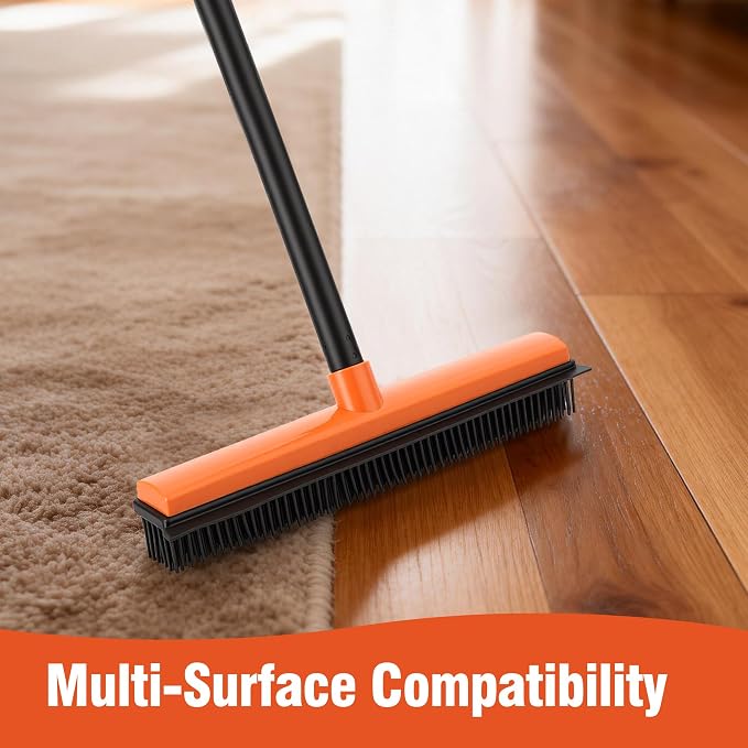 CLEANHOME Rubber Broom for Pet Hair on Carpet & Hardwood | With squeegee, removes pet hair from carpets & stairs, rubber bristles, works on hardwood & tile, adjustable handle