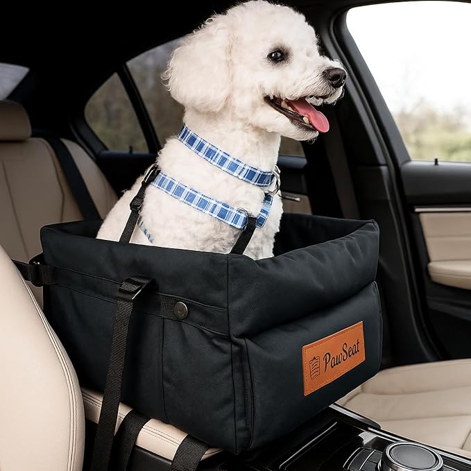 Center Console Dog Car Seat for Small Dogs and Puppies 5-13Lbs, Ideal Armrest Booster Car Travel Seat with Safety Protection Seat Belts, Storage Pockets - Reduces Anxiety (Black)