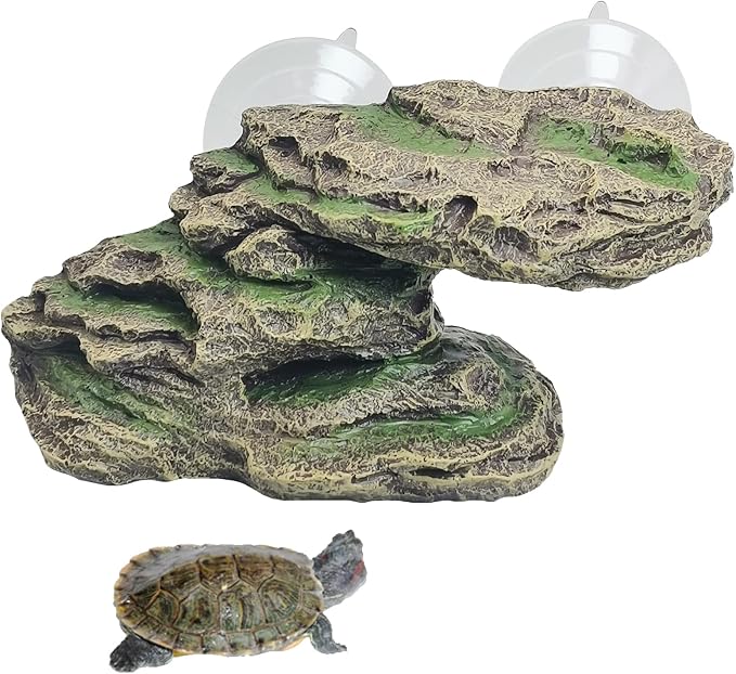 kathson Turtle Basking Platform Floating Turtle Dock Baby Tortoise Climbing Ramp Shale Reptiles Dock Resting Terrace Stone Aquarium Ornament for Frogs Newts (Green Size:8.2”Lx3.3”Wx3.1”H)