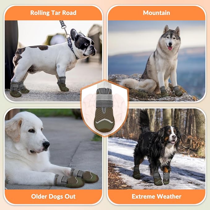 SlowTon Dog Shoes for Large Small Medium Dogs - Breathable Dog Boots for Summer Hot Pavement, Paw Protector for Outdoor Walking Winter Snow, Anti-Slip Rubber Dog Booties for HardFloor (Brown Gray, 2)