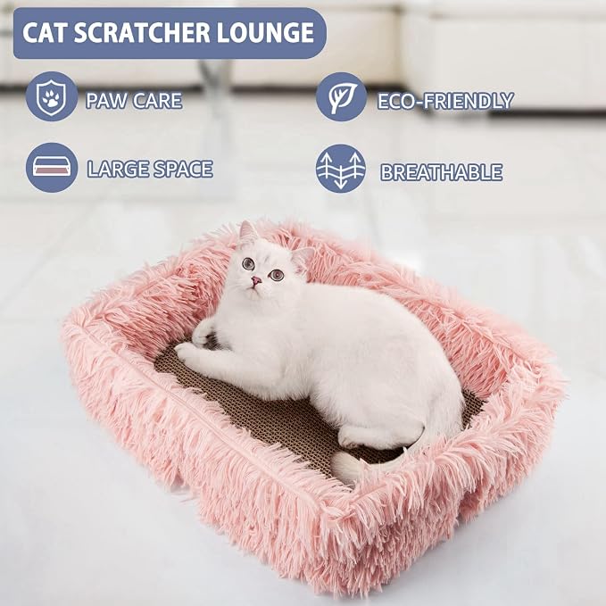 Cat Lounge Scratcher Box with Removable Cardboard (Pink) | High-density Corrugated Cardboard with Double-sided Use, Soft Long Plush, Release Stress and Protect Furniture