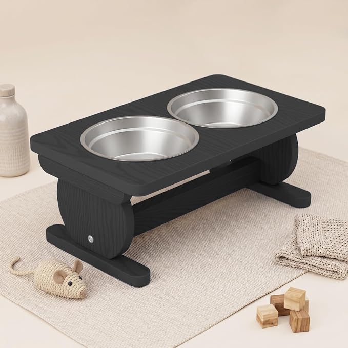 Raised Dog Bowl Stand for Small Sized Breed, Feeding Station with 21 oz 2 Stainless Steel Bowls & Licking Plate,Dog Food Bowl Black