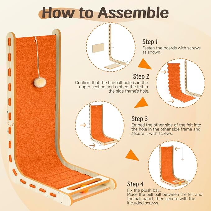 Cat Scratcher with Bell Ball Cat Scratch Pad L-Shaped Scratch Mat Vertical Cat Scratching Board for Indoor Cats Felt Cats Scratching Post Furniture Protector Kittens Cratchers Toys- Orange