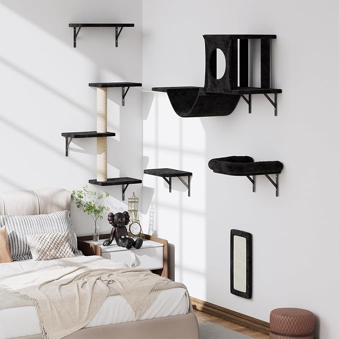 11-in-1 Cat Wall Shelves Cat Climbing Furniture with Wall Mounted Perch & Lounge for Indoor Cats, Space-Saving Cat Climbing Wall Systems, Black
