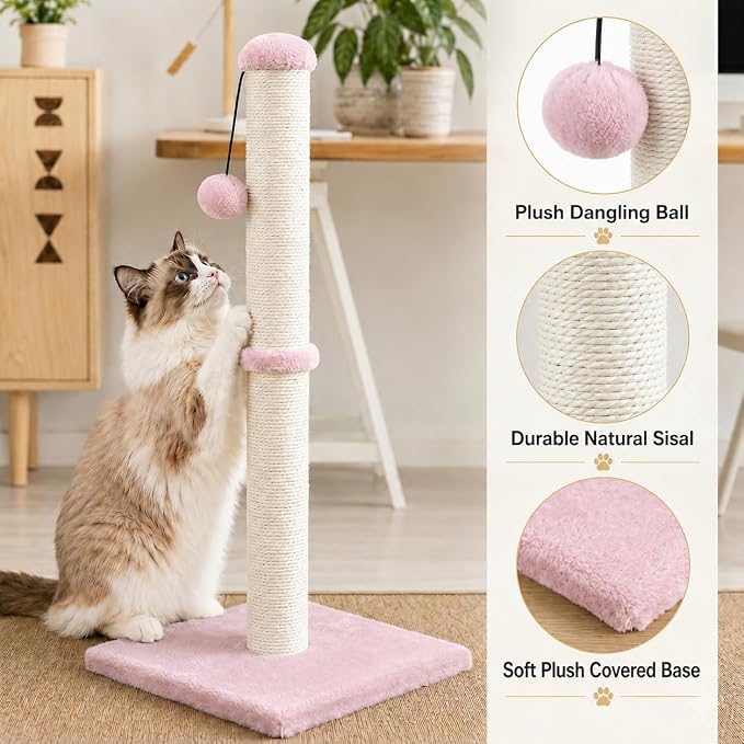 Dimaka Tall Cat Scratching Post, Claw Scratcher with Sisal Rope and Covered with Soft Smooth Plush, Vertical Scratch [Full Strectch] for Standard Size Cats (Pink, 34 inches for Large Cats)