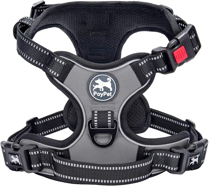 PoyPet No Pull Dog Harness Small with Front Clip & Neck Release Buckle | No Choke, Adjustable Vest, Reflective, Back Clip, Lockable, Soft Padded, Easy Control Handle for Walking Training, XS, Grey