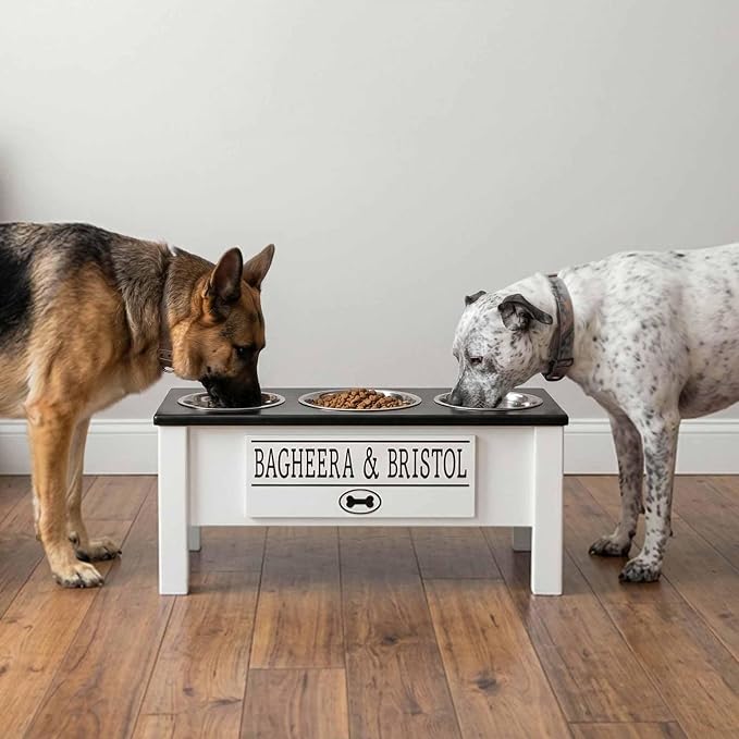 3 Bowl Dog Feeding Station, Personalized Triple Bowl Food Stand Large Dogs | Farmhouse Style, Elevated Wood Stand, Storage Container, Stainless Steel Bowls, Raised Feeder, Large Breed, Made in USA