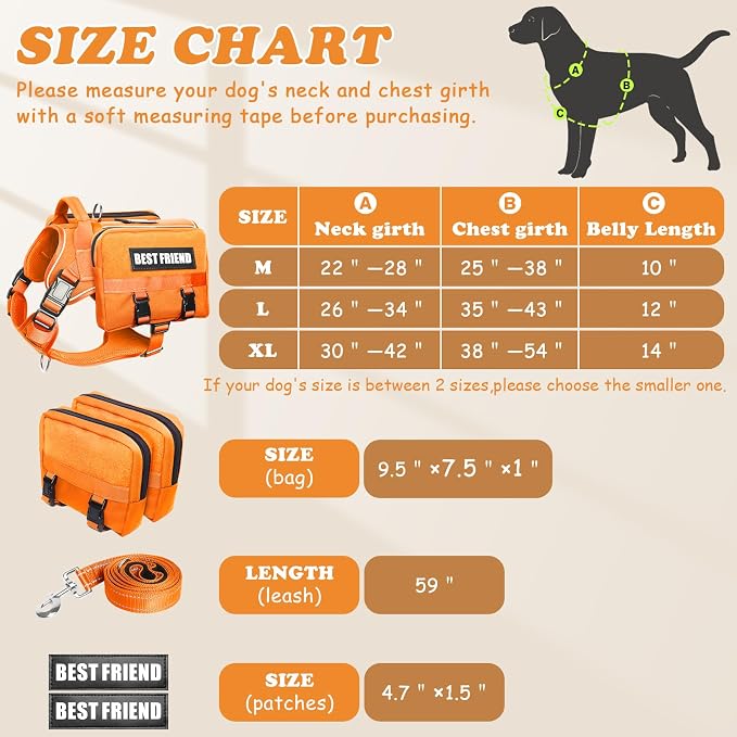 Dog Backpack Harness and Leash Set for Large Dogs Orange L | Removable Side Pockets Dog Vest with Padded Handle&MOLLE,No Pull Front&Back Metal Clips for Hiking Training Walking Hunting