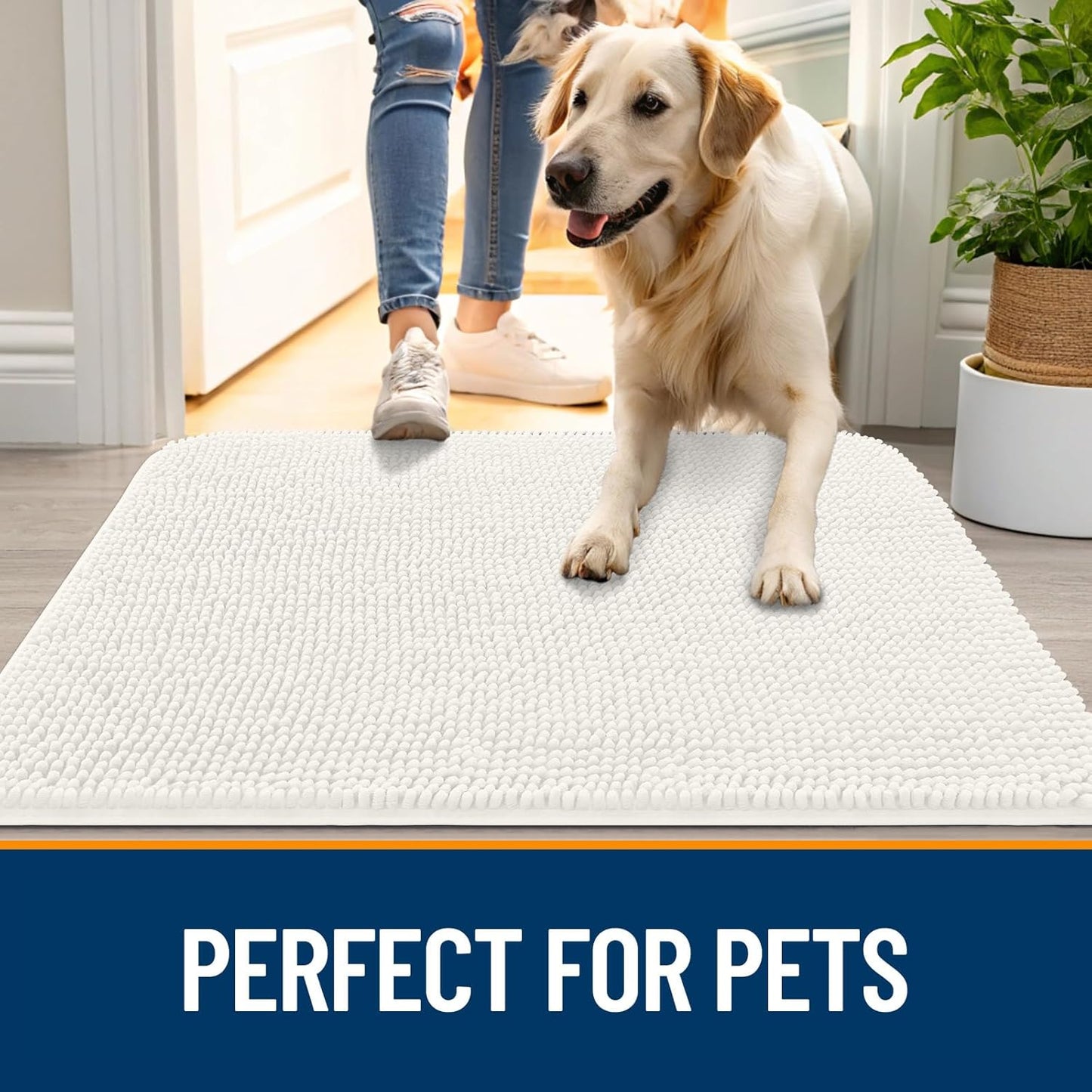 OLANLY Dog Door Mat for Muddy Paws 59x35, Absorbs Moisture and Dirt, Absorbent Non-Slip Washable Doormat, Quick Dry Chenille Mud Mat for Dogs, Entry Indoor Entryway Carpet for Inside Floor, Ivory