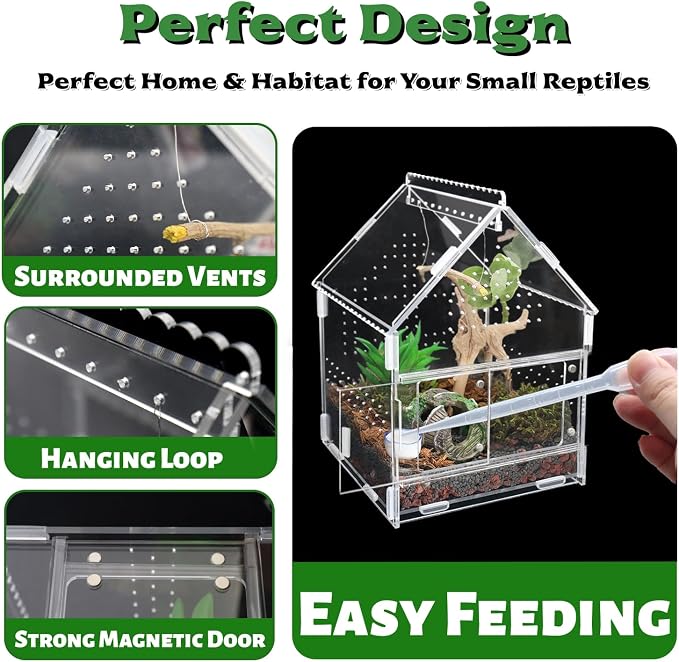 Acrylic Jumping Spider Enclosure with Magnetic Front Door - 360° View Reptile Terrarium for Tarantulas, Insects Hermit Crab - Includes Hanging Beam & Escape-Proof Ventilation (7.87x5.9x5.9 Inch)