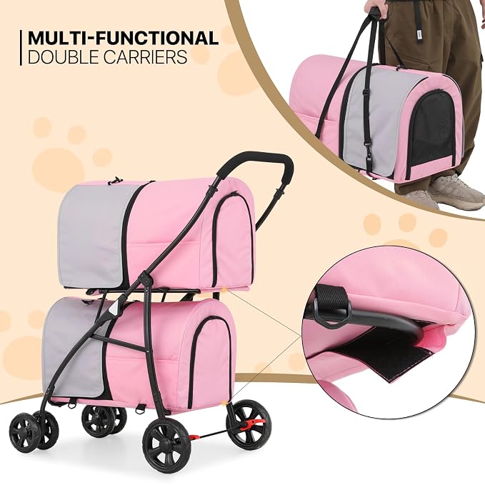 MoNiBloom Double Dog Stroller for Small and Medium Dog Cats, Pink/Gray | Pet Stroller with Detachable Carrier Bags Large 4 Wheels Foldable Jogger for Small and Medium Dog Cats