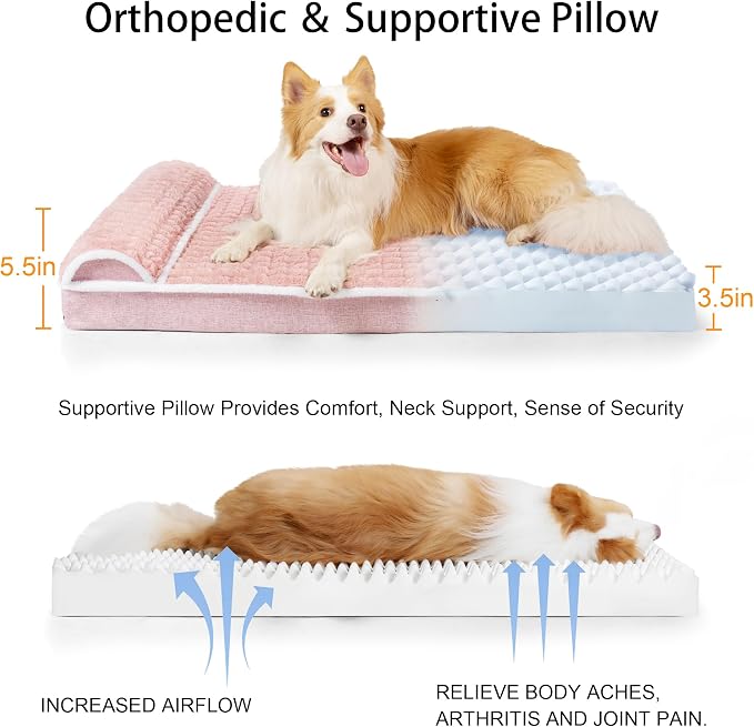 Orthopedic Large Dog Bed Pillow Pet Sofa Bed 36''X24'' Pink | Egg-Crate Foam Pet Couch Large Sized Dog, Waterproof Removable Washable Cover,Furry Puppy Crate Mat With Nonskid Bottom